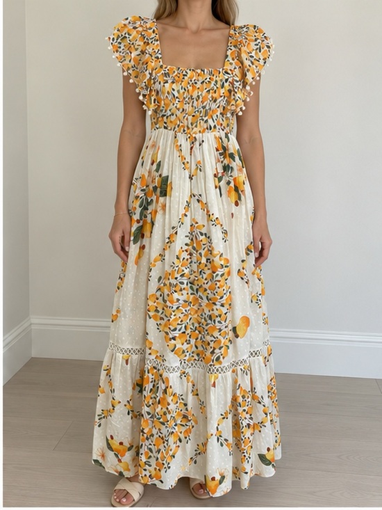 FARM Rio Dresses & Skirts - FARM Rio Cashew Ruffle Crossback Maxi Dress White Orange Floral S